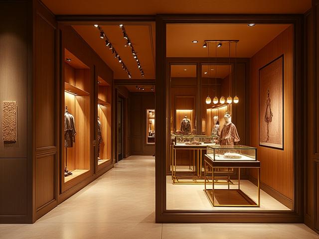 Elegant butikkinteriør med utstillingsvinduer og varme farger, et prosjekt av Kvitre Rom